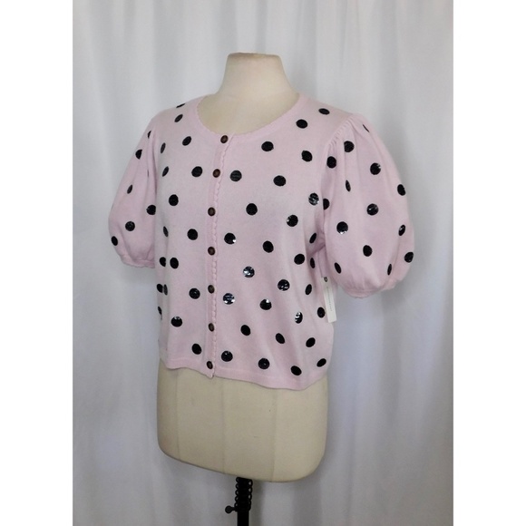 NWT!! Anthropologie MAEVE Puff-Sleeve Cashmere Cardigan Sweater Pink Sequin Dots - Picture 7 of 16